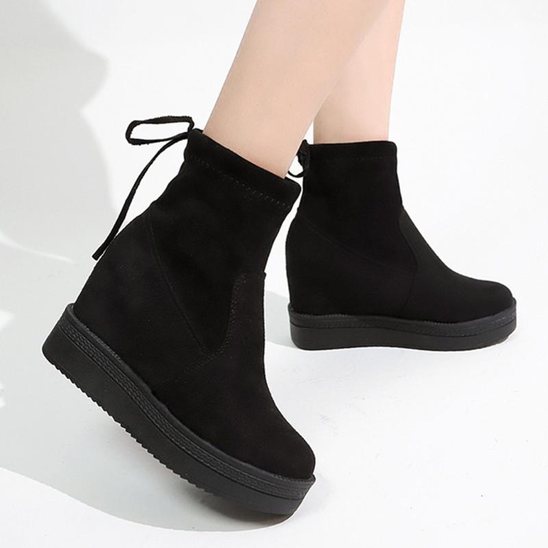 

Women's fashion casual platform short boots with wedges increased shoes ladies solid color warm platform wedge shoes, Black