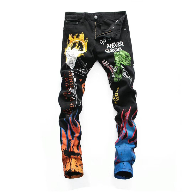 

Fashion Streetwear Men Jeans Black Color Paint Printed Jeans Men Designer Hip Hop Pants Slim Fit Elastic Punk Style Pencil Pants