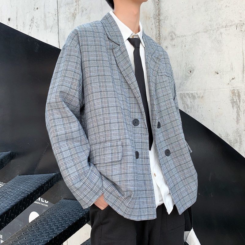 

2020 Spring And Autumn New Youth Popular Korean Men's Loose Plaid Suit Fashion Casual Double-breasted Shirt Gray -2XL