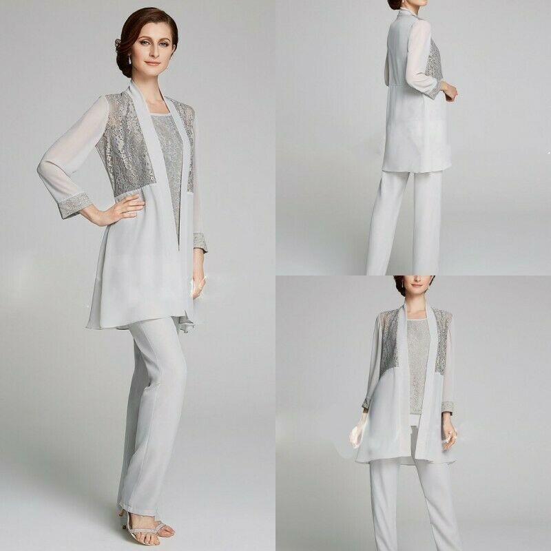 Mother of the Bride Dress Pant Suit 3/4 Sleeve Applique Plus Size Chiffon Silver Long Custom Made vestido de madrinha