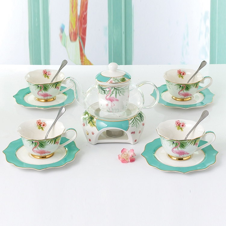 

blue Tea Set Afternoon Tea Heat-resisting Glass Teapot Household Cooking Bubbles Fruit Tea Relief Ceramic Teacup