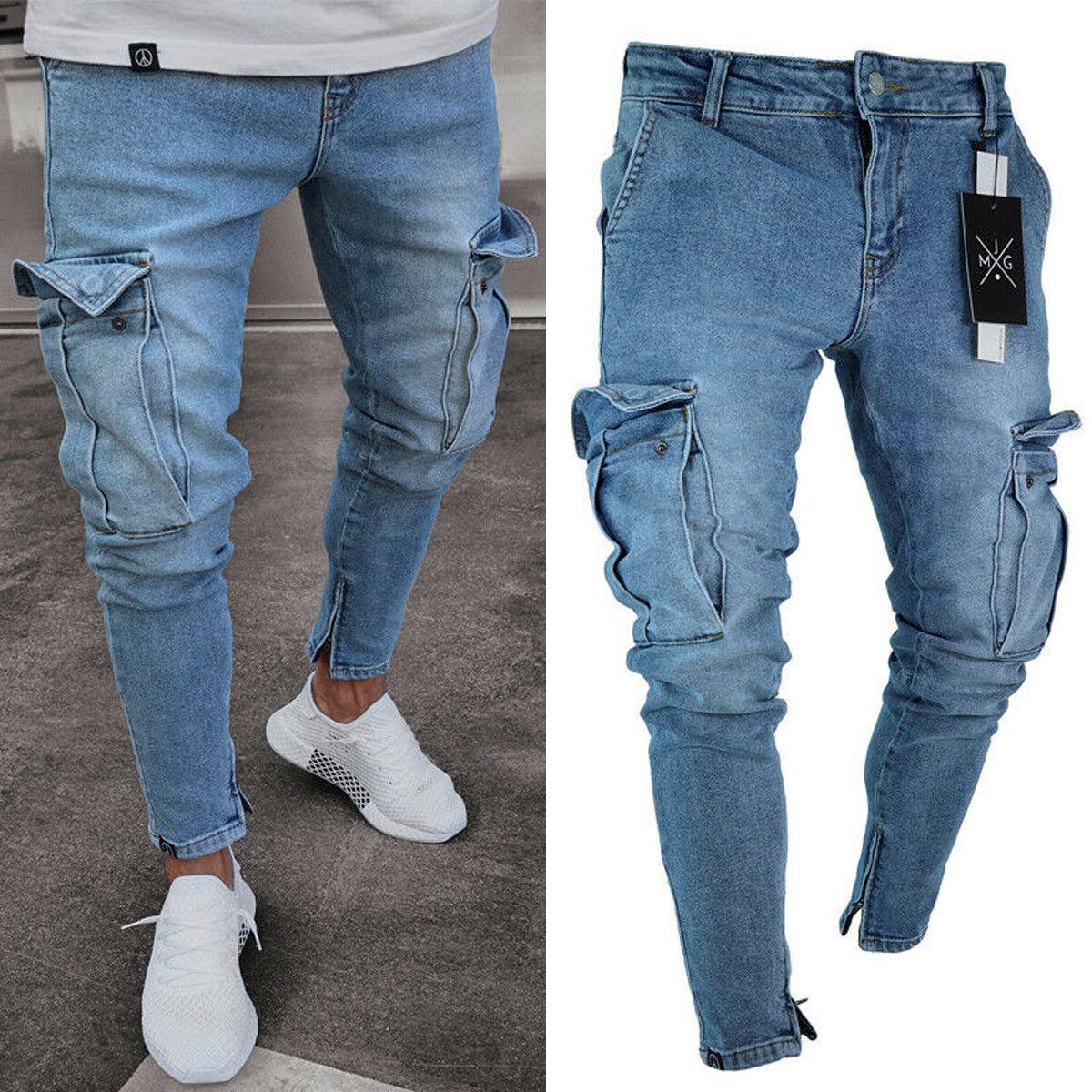 

Stylish Men' Skinny Stretch Biker Jeans Slim Fit Denim Pants Trousers Pocket, Blue