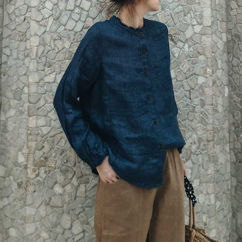

new women's large art cotton linen bird pattern ear collar Long Sleeve Shirt 2020-04, Black