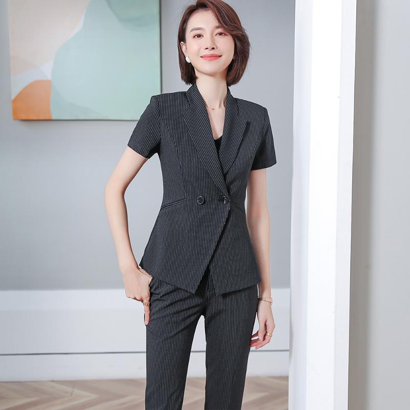 

Short Sleeve Elegant PantSuit Uniform Formal Single Button and Trousers Black Striped Jacket Women Suit Two-piece Office Set, White skirt set