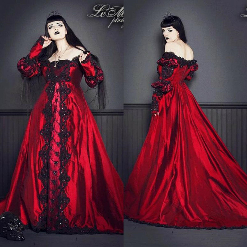 

2020 Vintage Red Gothic Wedding Dresses Satin Lace A Line Sweep Train Bohemian Wedding Dress Custom Made Long Sleeve Bridal Robes De Mariée, Ivory