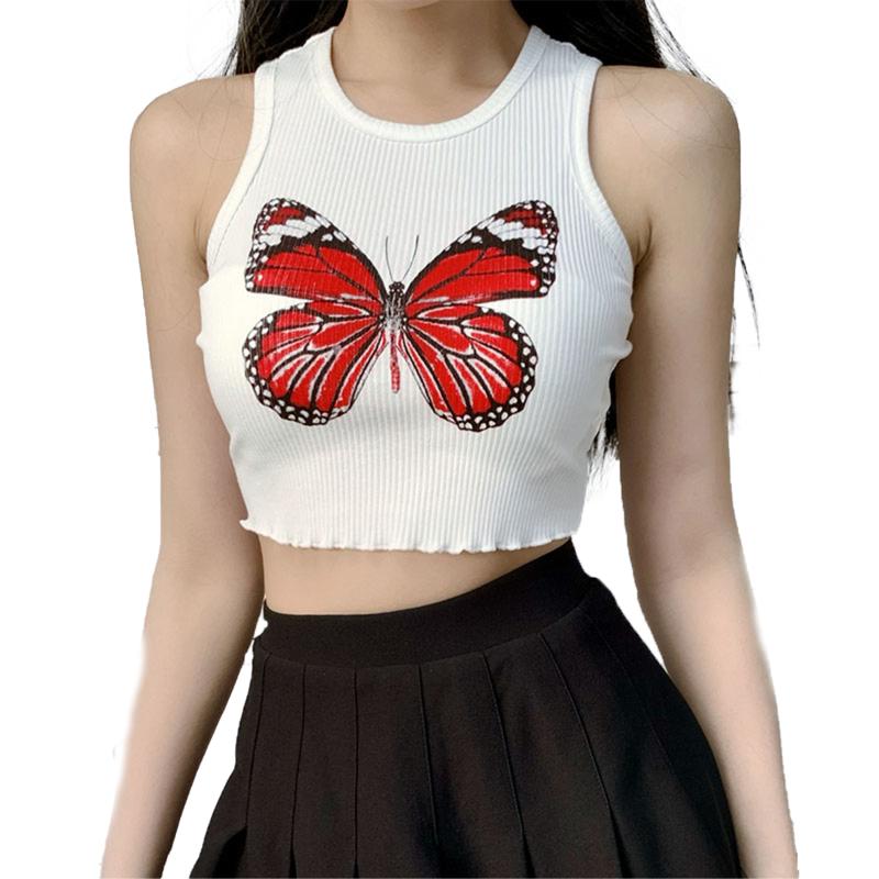 

Women Summer Sexy Tanks Top Butterfly Print Crop Tops Ladies White Knitted Bandeau Sleeveless Camis Tops Tees Streetwear
