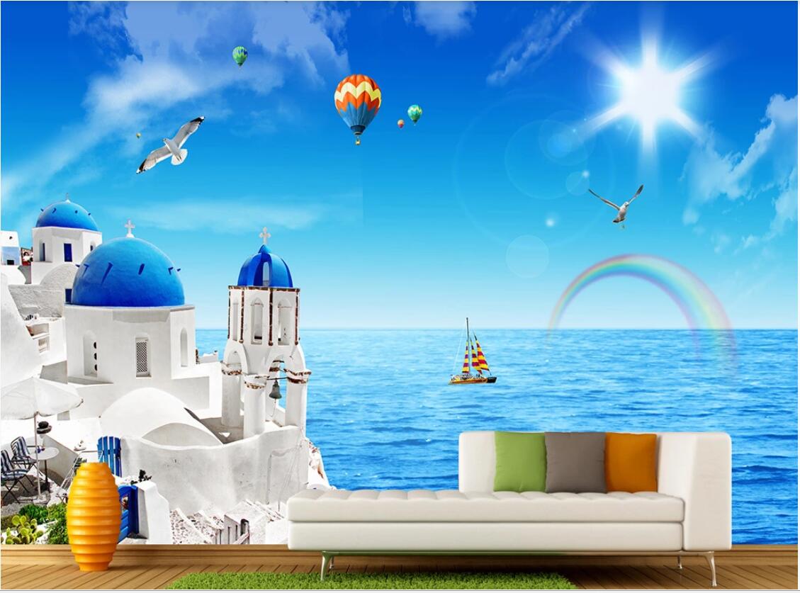 

3d room wallpaper on a wall custom photo mural Aegean seagull seagoing boat balcony scenery TV background wall wallpaper for walls 3 d, Non-woven fabric
