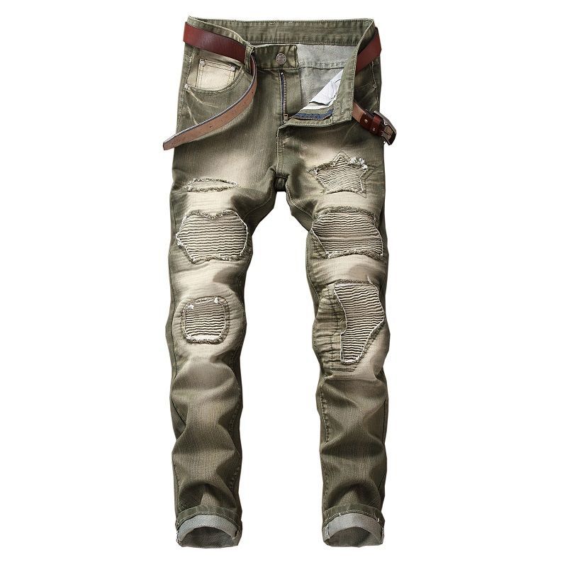 2020 New Brand Biker Jeans Men High Stretch Cargo Denim Jeans Solid Designer Pleated Slim Jean Men's Scratched Pants Trousers