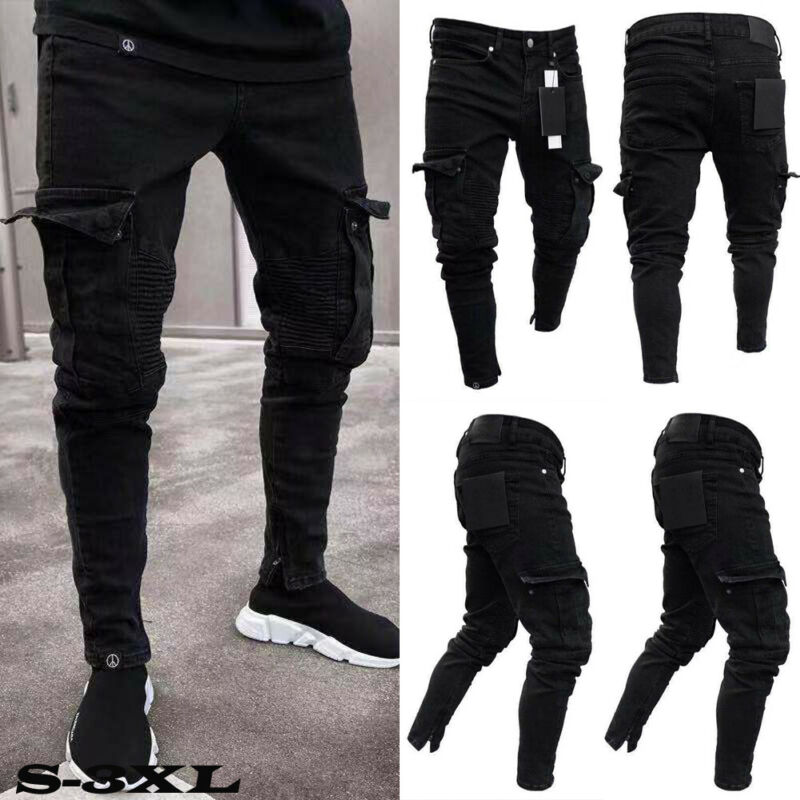 2020 New Mens Jeans Long Pants Denim Cargo Combat Slim Fit Biker Work Casual Trousers