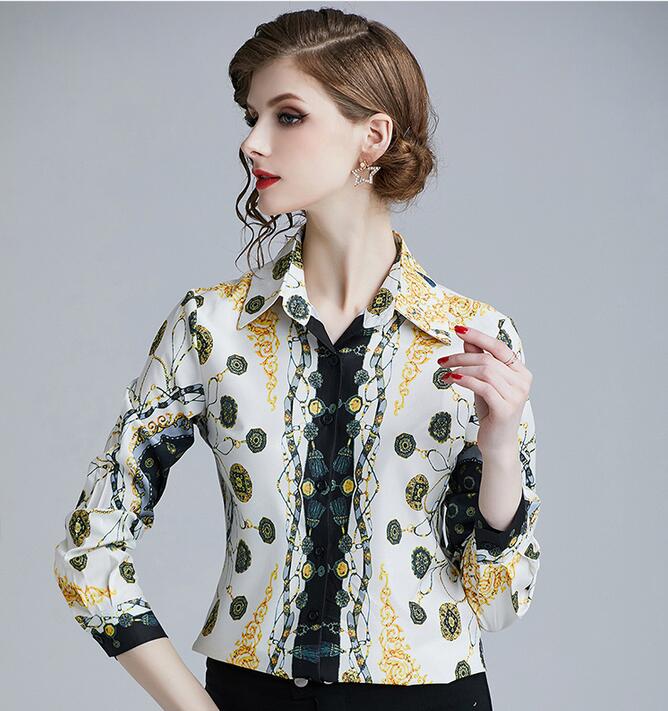 

Ins hot Polka Dot Flora printed white women Rayon blouse long sleeve summer shirts lapel neck fashion ladies shirts, Multi