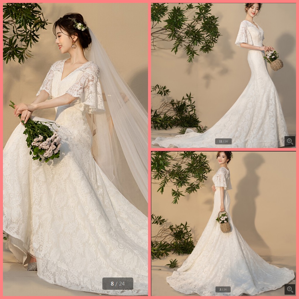 

2020 new arrival white lace mermaid wedding dress modest short flare sleeve v neck summer beach bridal gowns reception dresses hot sale, Ivory