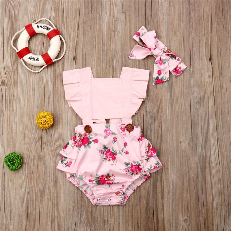 

Toddler Infant Newborn Baby Girl Romper Ruffles Short Sleeve Floral Princess Jumpsuit Headband 2pcs Outfits 0-24M Summer Sets, As pic