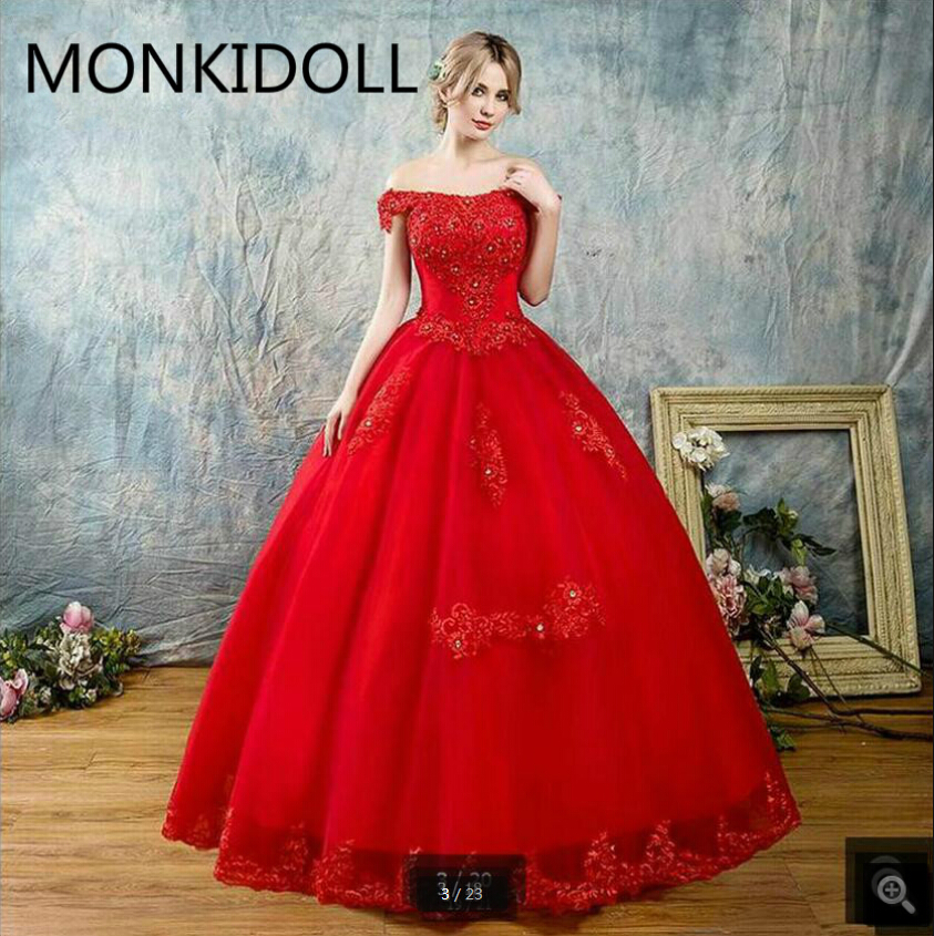 

2019 red ball gown off the shoulder wedding dress v neckline lace appliques beaded short sleeve bride gowns princess puffy wedding dresses, Same as image