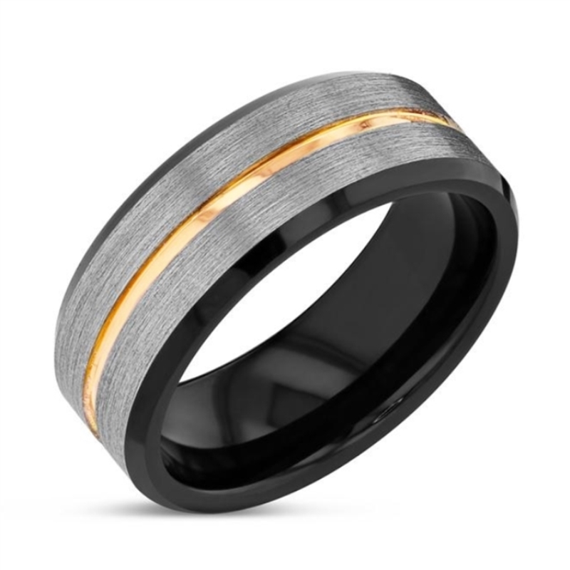 

8mm Matte Finish Silver Brushed Black edge Tungsten Rings Gold Stripe Men's Wedding Band Ring Size 6-13