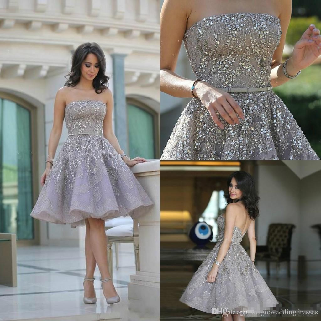 

Luxury Elie Saab Prom Dresses 2019 Luxury Major Beaded Strapless Backless Knee Length Silver Lace Short Evening Cocktail Party Gowns, Dark navy