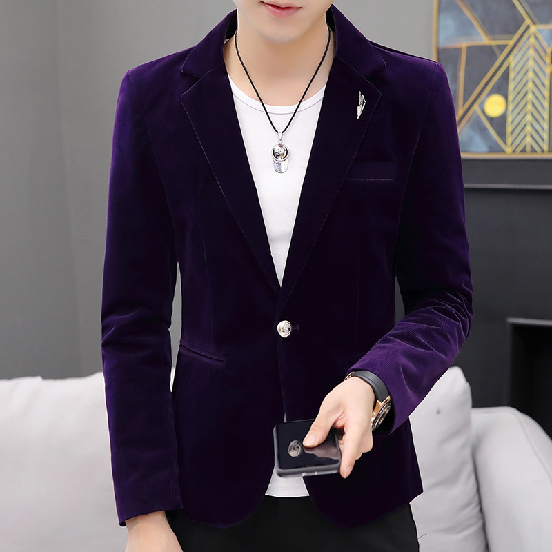 

2020 Autumn Men's jin si rong Suit Youth Self-Corduroy Solid Color Men's Casual blazer, Black