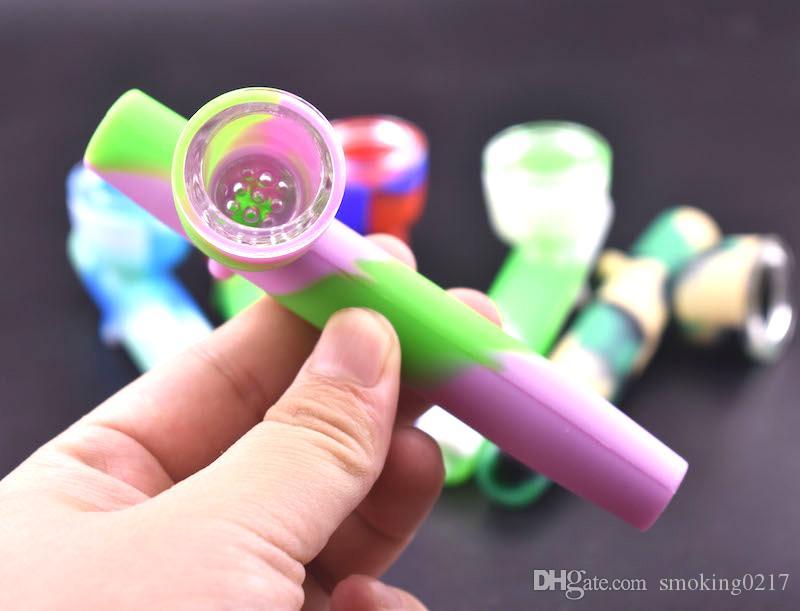 Colorful Portable Silicone tobacco pipe for smoking Unbreakable hand smoking Pipes dry herb spoon pipe with glass bowl-image-538300463