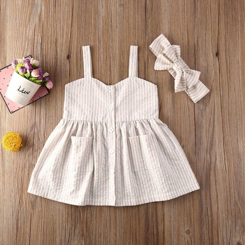 

Pudcoco Kids Girls Dress Stripes Pockets Strap Dress Headband Infant Baby Outfits Clothing1-4 Years, As pic