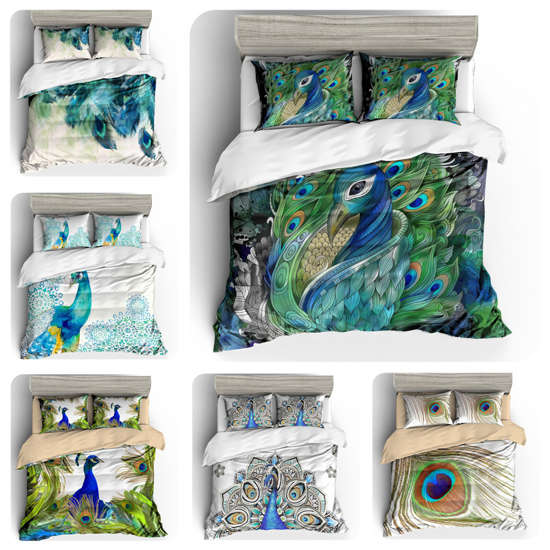 

3D Watercolor peacocks bedding set printed four-piece home textile sold well, White