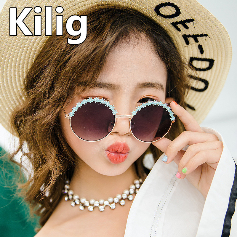 

Sunglasses 2021 Round Flower Kids Metal Frame Glasses Anti-UV Sun For Boys Girls Eyewear Children Oculos UV400 Gift