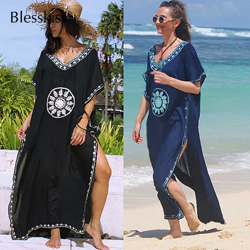 

Blesskiss Embroidery Long Beach Cover Up Beach Tunic Women Dress Saida de Praia Swimsuit Bikini cover up Pareo Sarong Beachwear, Deep blue dress