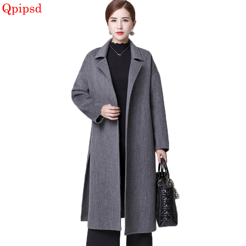 

New High grade double-faced cashmere woolen coat spring autumn female long loose wool coats winter womens hepburn wind wool coat, Photo color