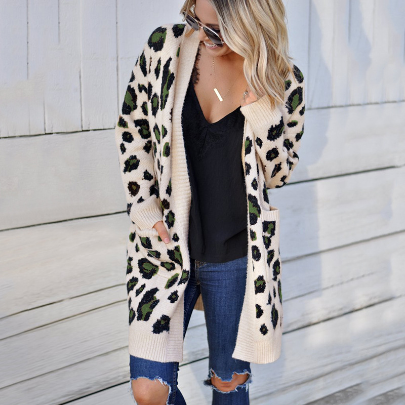 

Autumn and winter women' sub-knit sweater European and American fashion tricolor leopard sweater cardigan long, Beige