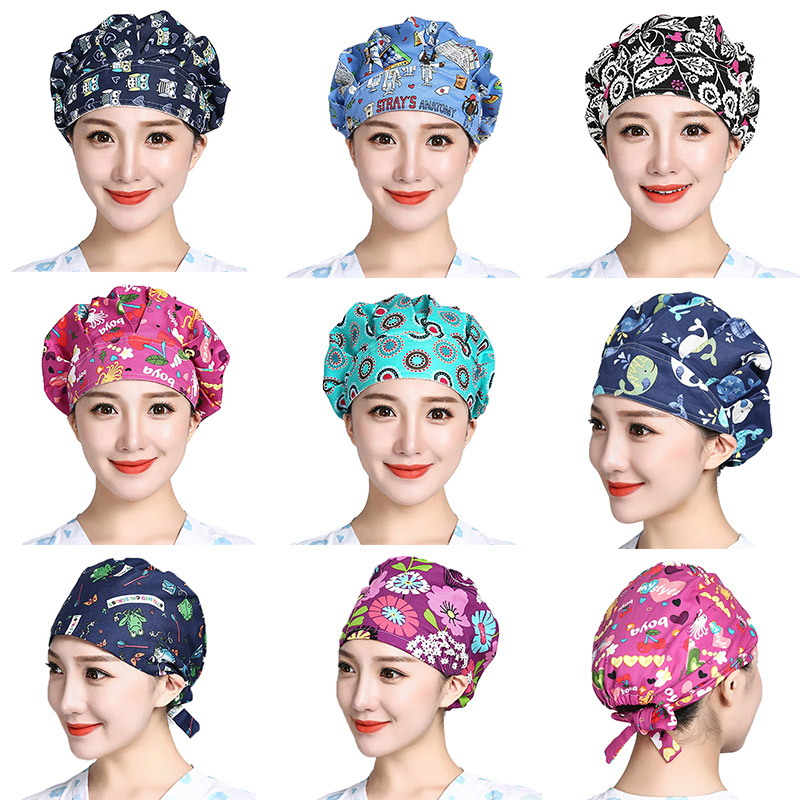 

Scrubs Caps Adjustable Head Cover Bouffant Hats Sombrero Mujer Cartoon Flower Printed Cotton Caps Washable Workwear Hats