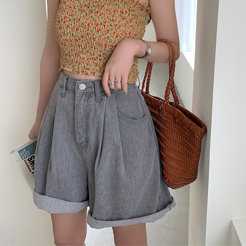 

South Korea 2020 summer new prewashed worn riding breeches of tall waist loose torre wide-legged pants, Gray