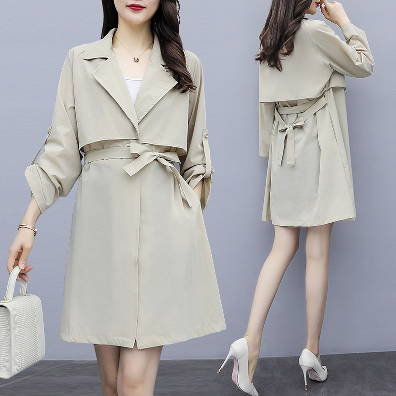 

Windbreaker Large Size Women's Coats Loose Plus Size Was Thin Mujer Casual Spring New Long-sleeved Trench Coat Belt Female Z373, Black