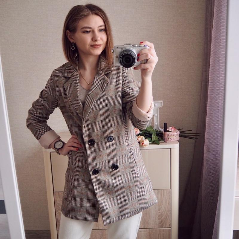 

2020 Spring&all Office Ladies Notched Collar Plaid Women Blazer Double Breasted Autumn Jacket Casual Pockets Female Suits Coat, Light coffee grid