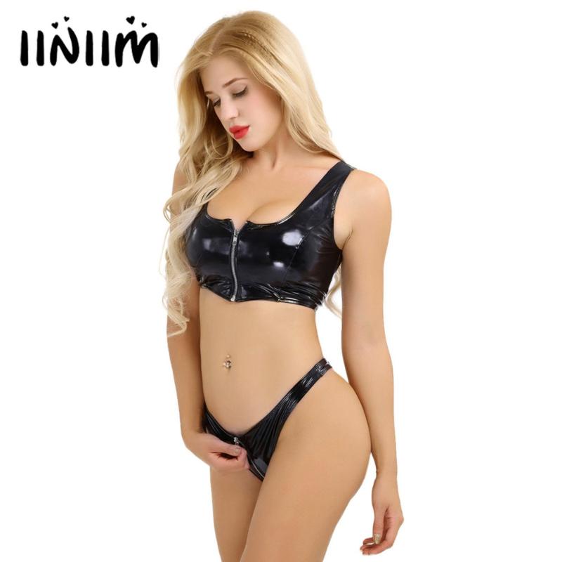 

2Pcs Women Wet Look Patent Leather Zipper Bikini Lingerie Set Sleeveless Crop Top with Mini Briefs Underwear Club Performance, As pic