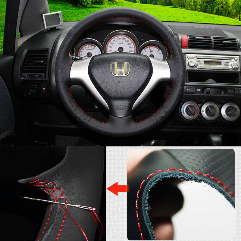 For Honda FIT Interior Non-slip Hand Sewing Steering Wheel Cover Black Leather-image-454772184
