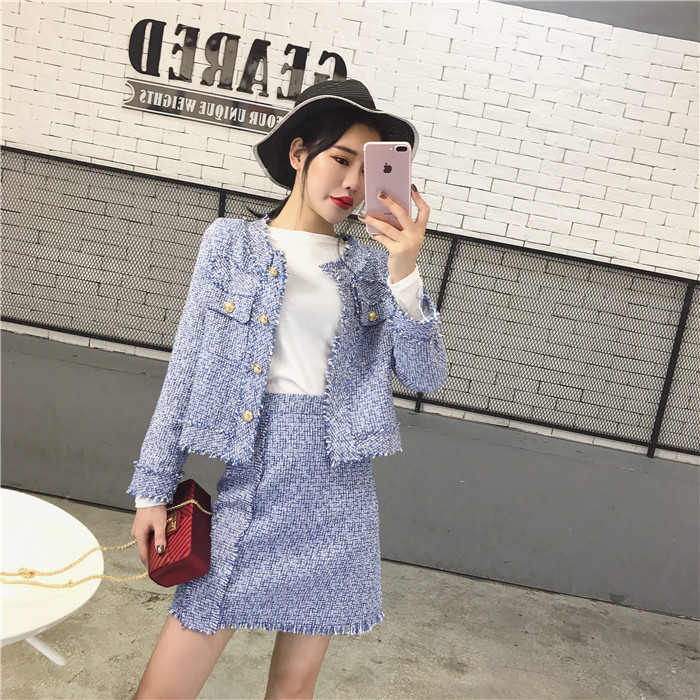 

2020 Blue Pink High Quality Women Two Piece Dress Set Autumn Winter Red Tweed Tassel Single Breasted Jacket Coat + Fringe A Line Skirt Suits