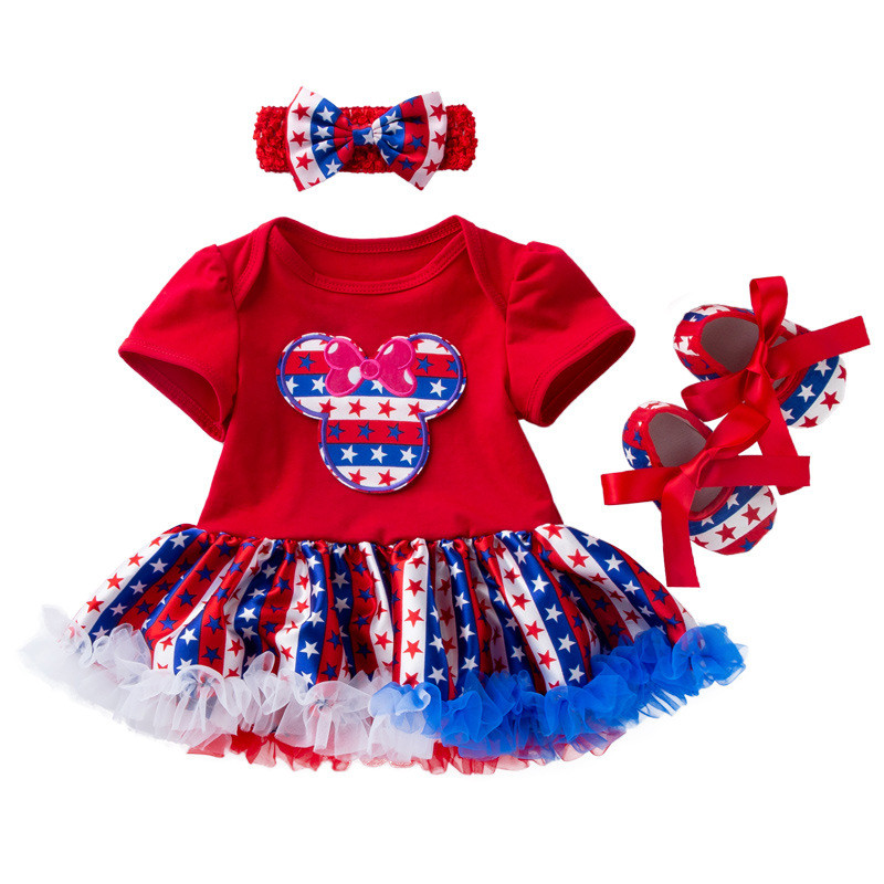 

4th July 3PCS Newborn Baby Girls Outfits Headband Independence Day Toddler Clothing Appliqued US Flag Romper Tutu Dress 0 3 months girl, Blue