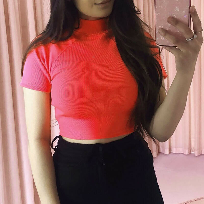 

2019 Summer New Women Fashion Boho Crew Neck Knitted T-shirt Tops Ladies Short Sleeve Casual Pullover Crop Tops, Blue