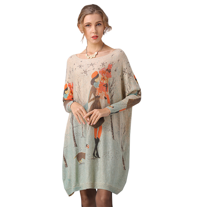 

2020 Autumn Knitted Printed Women's Pullover Versatile Loose Large Size Sweater Women Printing Hot Sell Retro, Gray