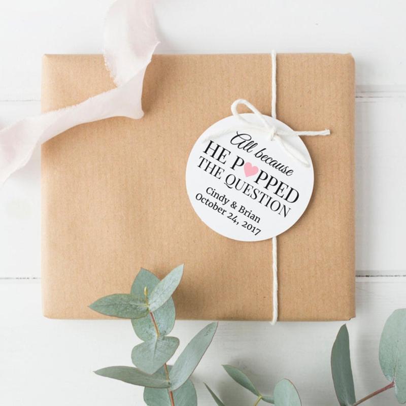 

Personalised popcorn wedding tags All because he popped the question tag Custom wedding tags He popped the question
