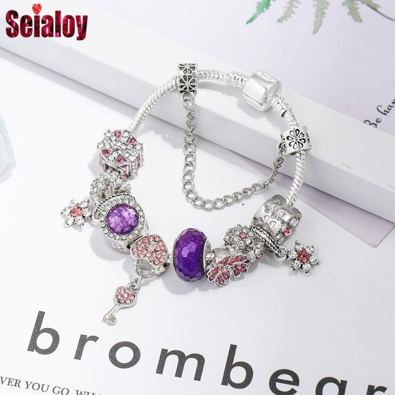 

Seialoy Purple Crystal Heart Lock Key Charm Bracelets For Women Original Shiny Flower Pendant Beaded Bangle Party Jewelry Gift