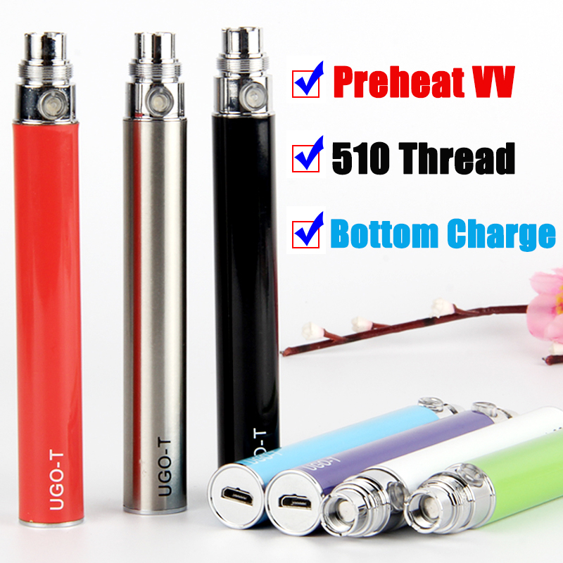 

UGO T 650mAh 900mAh 1100mAh Preheat VV Battery Ego EVOD USB Passthrough Bottom Charge 510 Thread Batteries Vape Pen Variable Voltage Vapor