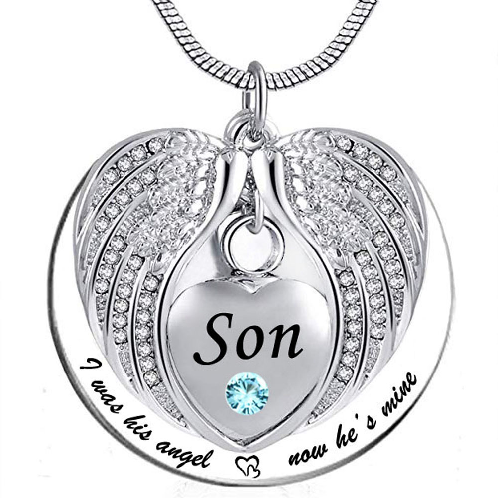 

Unisex Angel Wing Birthstone Memorial Keepsake Ashes Urn Pendant Necklace 'i used to be his angle, now he's mine'- son