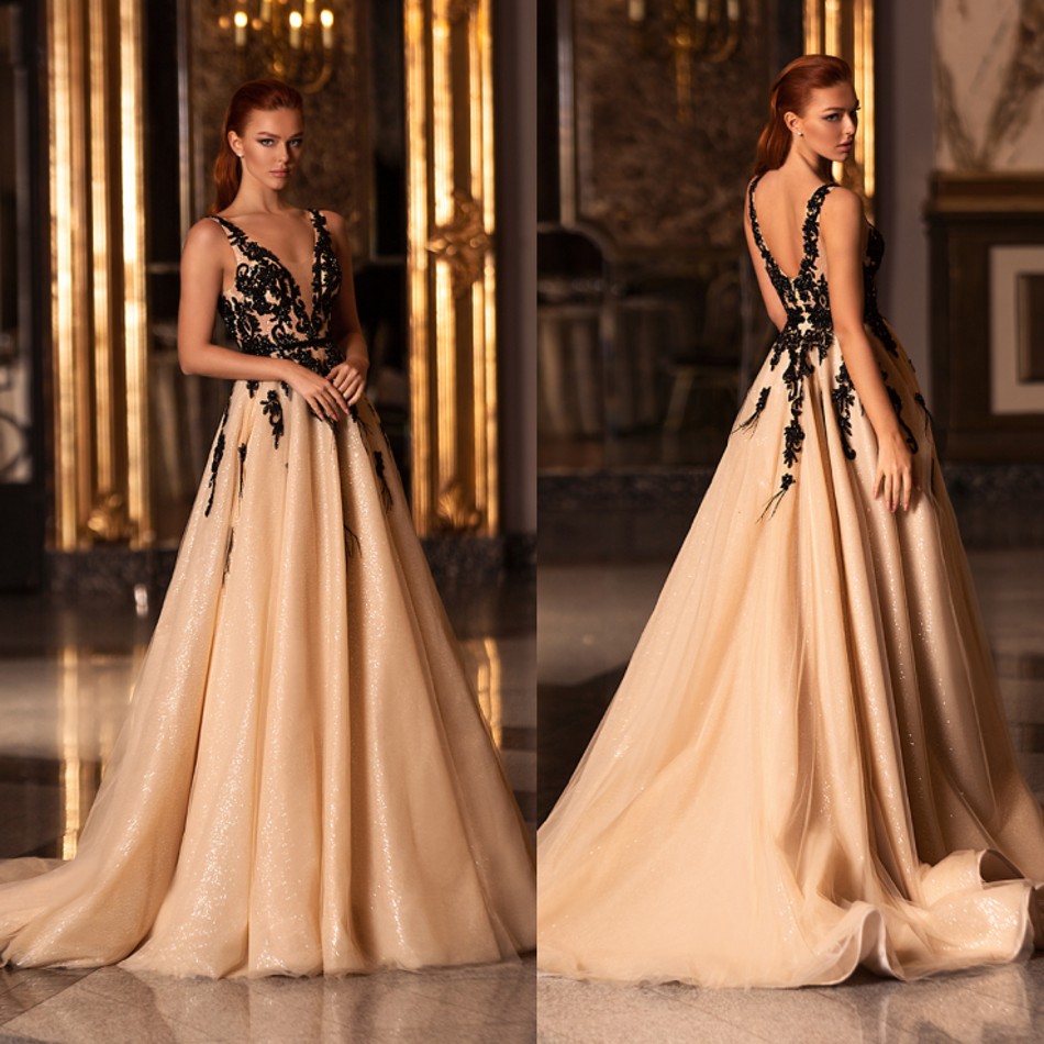 

A Line Prom Dresses Deep V Neck Sleeveless Sequined Party Gowns Sweep Train Special Occasion Dresses, Hunter