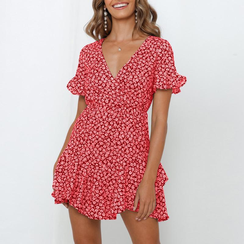 

Women Fashion summer dress 2020 Female Floral Print Short Sleeve V-Neck Casual Sundress Mini dress women ropa mujer