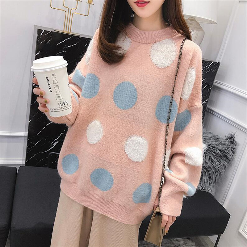 

Polka Dot Sweater Women's Head Loose Solid Color Long Sleeve Short 2019 New Small Fresh Ocean Top, Beige