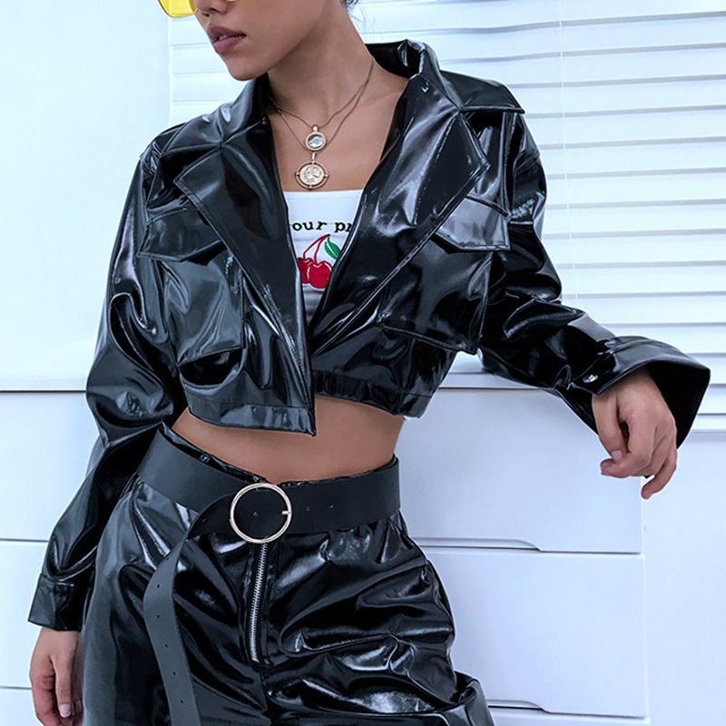 

New fashion gothic PU biker leather jackets and coats black womens tops long sleeve motorcycle crop jacket 2019 spring women