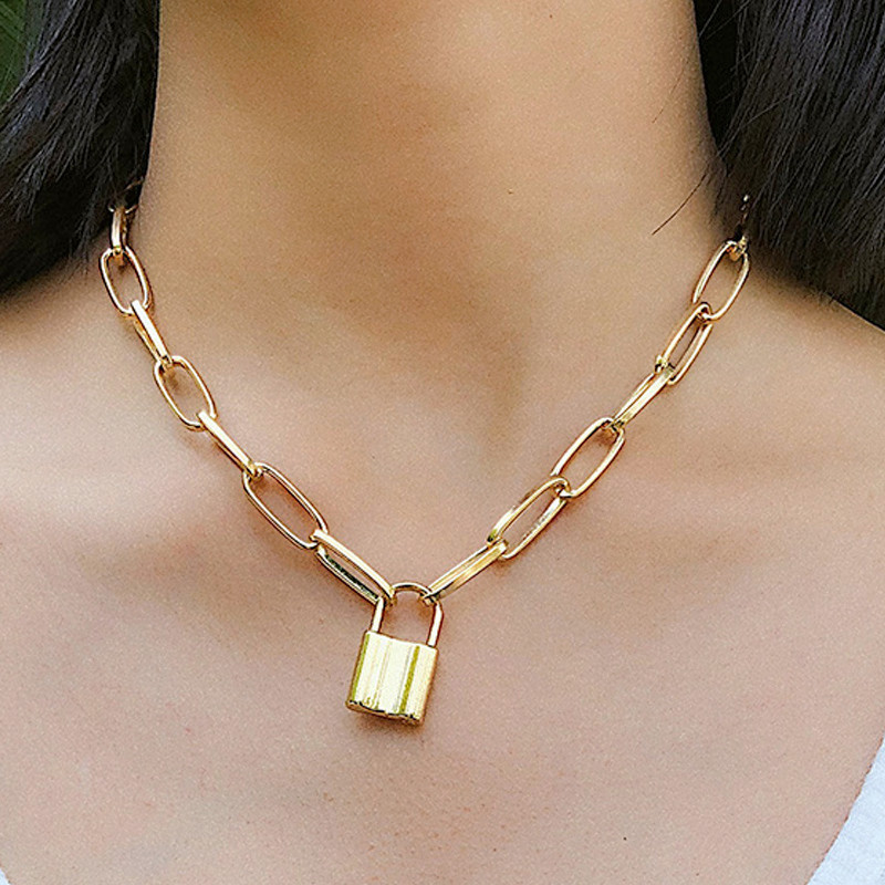 

N166 Popular Lock Pendant Chain Necklace Punk Link Chain Gold Color Padlock Pendant Necklace Women Fashion Gothic Jewelry Gift