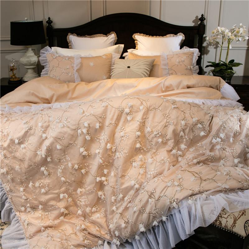 

34 4/6/8 PCS Dream Princess Lace Cotton Embroidery Bedding Set Applique Duvet Cover Bed Linen Bed sheet Pillowcase, Sky blue
