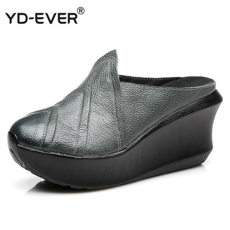 

2020 Genuine Leather Women Slippers 8 CM High Heels Wedges Summer Shoes Platform Retro Handmade Women Leather Slipper, Black