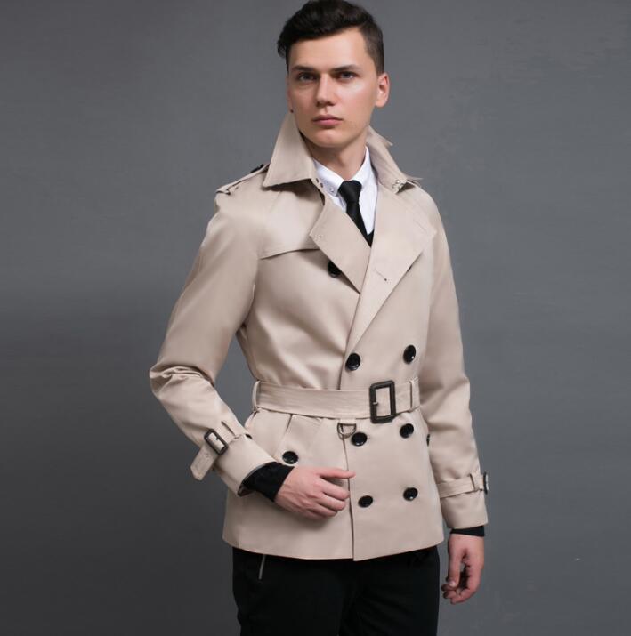 

Free shipping 2019 new designer ouble breasted short trench coat mens overcoat long sleeve mens clothing business outerwear, Beige