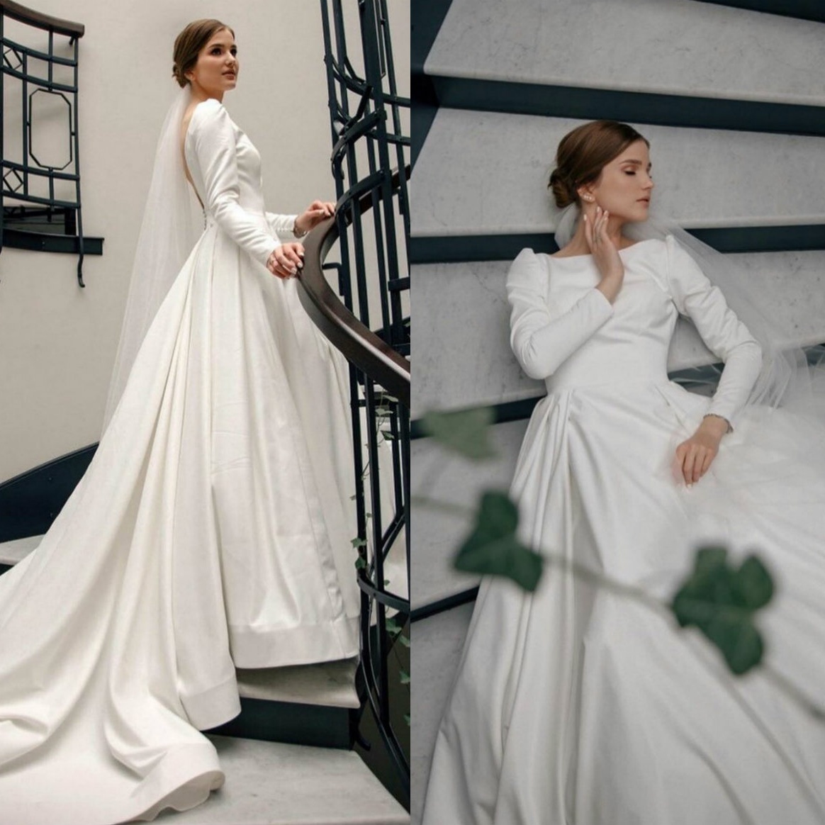 Robes De mariée élégantes en Satin à manches longues avec traîne De balayage, Robes De mariée Vintage, sur mesure, 2020